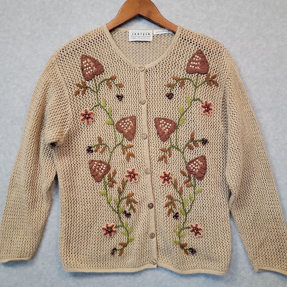 Vintage Jantzen Cardigan Sweater Women's M Beige Embroidery Mushroom Aesthetic